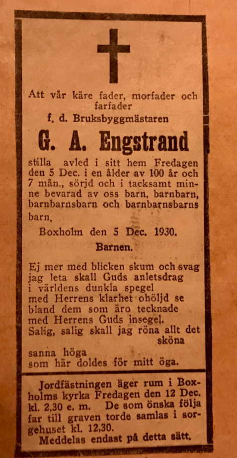 Byggmästare Gustaf Adolf Engstrand 1830-1930!